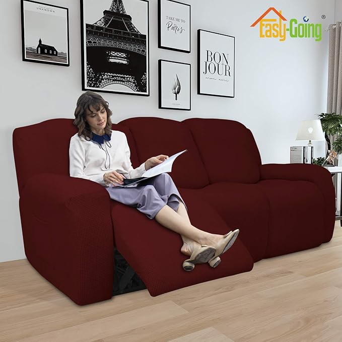 Easy-Going 8 Pieces Recliner Sofa Stretch Sofa Slipcover Sofa Cover Furniture Protector Couch Soft with Elastic Bottom Kids, Spandex Jacquard Fabric Small Checks Wine