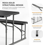 VINGLI Folding Picnic Table and Bench Set, Portable Outdoor Dining Furniture for Camping, Patio, Backyard, Wood Grain Plastic Top with Metal Frame with Kaqi Umbrella