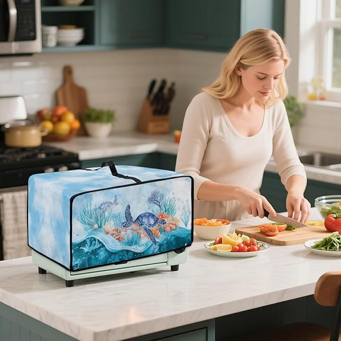 Microwave Oven Dust Cover Air Fryer Toaster Oven Protector with Storage Pockets, Stain-resistant for Small Appliances, M, 16.5 x 20.5 x 10 Inches, Sea Turtle Coral Reef Blue