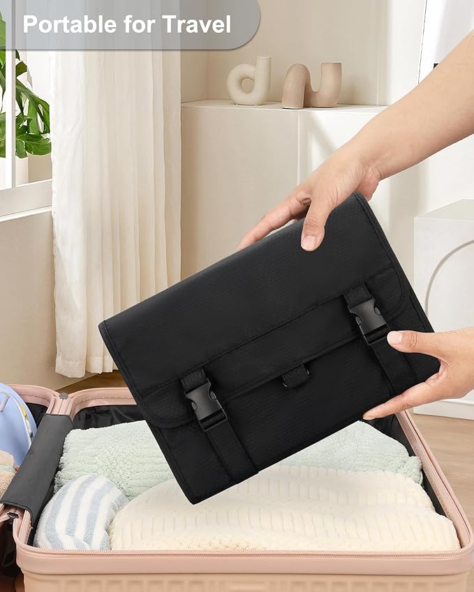Travel Hanging Toiletry Bag with Makeup Brush Board, Portable Toiletries Bag with Hanging Hook, Water Resistant Wash Bag, Makeup Organizer with Cosmetics for Full Sized Travel Essentials - Black