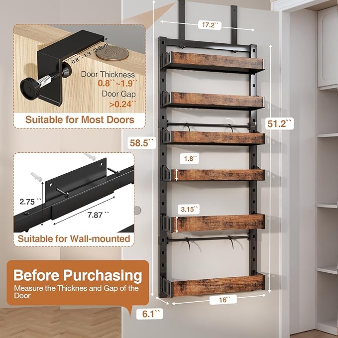 6-Tier Over The Door Pantry Organizer, Heavy-Duty Metal Wall Mount or Hanging Spice Rack, behind the door storage Shelves with Adjustable Basket, Back of Door Organizer for Kitchen Cabinet and Closet