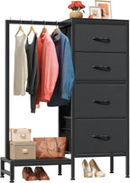 HIGDBFE Dresser with Hanging Rack, 4 Drawers Small Closet for Bedroom, Reversible Fabric Kids Chest of Drawers with Clothes Rack, Tall Storage Tower, Sturdy Frame, Black, 44''H