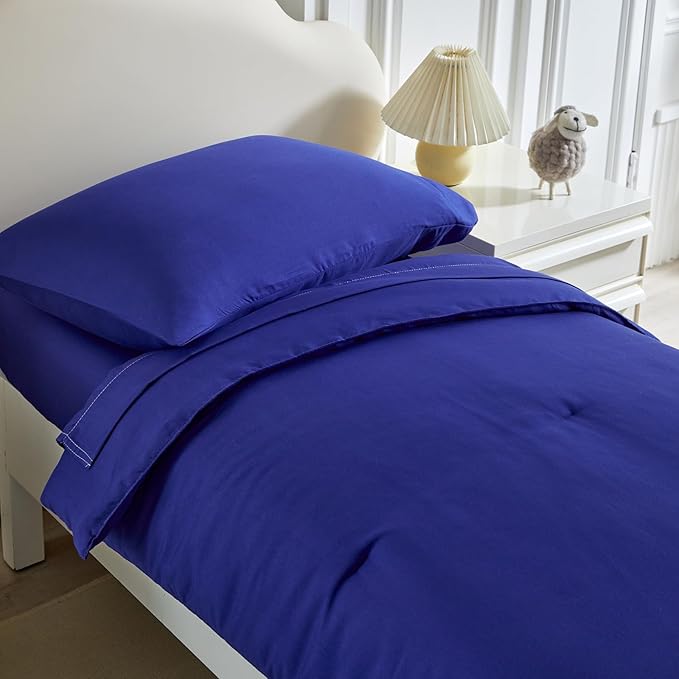 Toddler Bedding Set - 5 Piece Soft and Breathable Toddler Bed Set for Boys and Girls, Includes Quilted Comforter, Fitted Sheet, Flat Top Sheet, Standard Pillowcase and Toddler Pillowcase, Navy