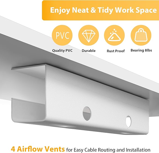 ZhiYo 2 Pack Large Capacity Cable Management Tray, Under Desk Cable Tray 31.5in(2X L15.7in), PVC Standing Desk Cord Management Ideas, Cable Organizer for Office and Home - White