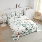 Erosebridal Kawaii Cat Full Bedding Sets for Boys Girls Cartoon Animal Comforter Set, Eucalyptus Leaves Bedding Comforter Sets Pet Kitten Duvet Insert, Tropical Botanical Plants Down Comforter