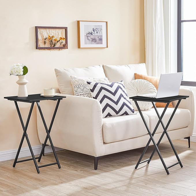 HOOBRO Folding TV Tray Table, Set of 2 Wooden TV Tray, Portable Sofa Side Snack Table, Industrial Desk for Small Spaces, Space-Saving, Easy to Install and Fold, Black BB27BZP201