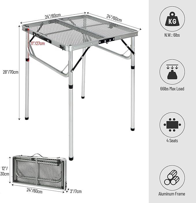 REDCAMP 24" Square Folding Grill Table for Outside, Lightweight Portable Metal Aluminum Outdoor Grill Table with Adjustable Height Legs, Great for Camping Picnic Cooking BBQ, Silver 2ft