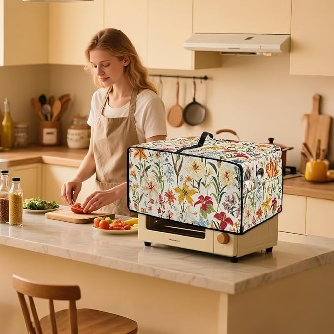 Toaster Oven Cover with Pockets, Washable Smart Oven Dust Cover Protective Kitchen Appliances Decor and Accessories, L, 18.5" x 22.5" x 13", Floral Pattern