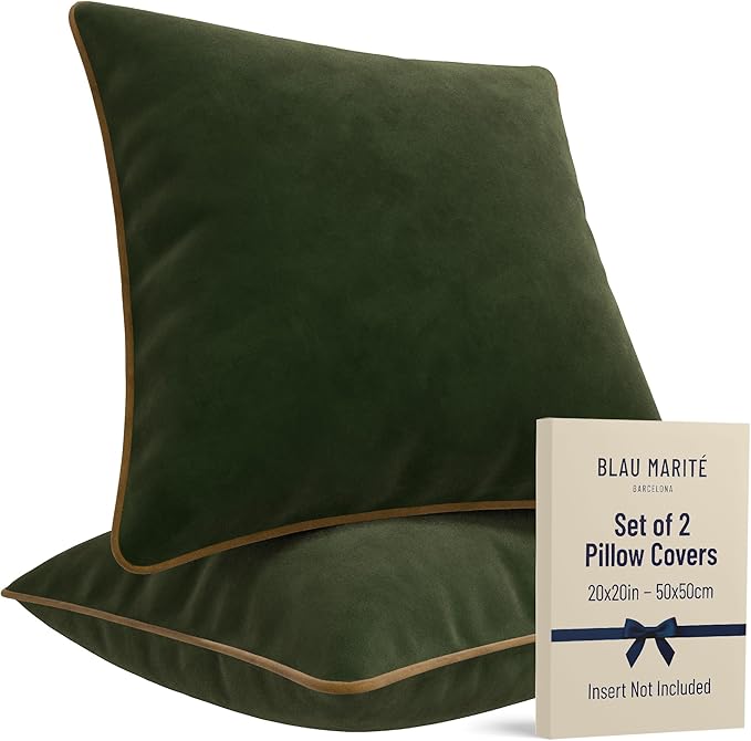 2 Pack Velvet Decorative Throw Pillow Covers, 20"x20", Green and Camel, Solid, Modern, Contrast Piping, Indoor Use, Bedroom & Living Room