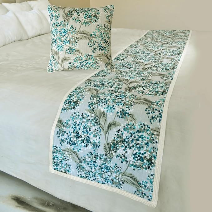 The HomeCentric King/Queen/Twin Blue Decorative King 90"x18" Bed Runner Without Pillow Cover, Cotton & Pearl Embroidery Bed Scarf on Cotton Fabric - Blue Star Fauna