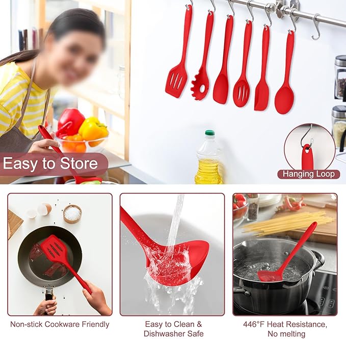 TeamFar Kitchen Utensils, 7 PCS Silicone Cooking Baking Utensil, Non-Stick Kitchen Gadgets with Ladle Spatula Spoon Turner Pasta Server, Non-Toxic & One Piece, Heat Resistant & Dishwasher Safe-Red