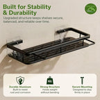 EVALAND Shower Caddy Adhesive 2-Pack with Hooks and Rod for Towels, Black – Premium Bathroom Shower Shelves, Shampoo Organizer, Bathtub Shelf, Rustproof, Easy Installation, Sturdy Modern Look