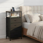 DUMOS Nightstand with Charging Station, LED Night Stand with 4 Fabric Drawers, Bedside End Table with USB/Type-C Ports and Outlets for Bedroom Furniture, Adjustable Feet, Black