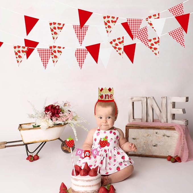 Zwiebeco 39Ft Red White Strawberry Fabric Bunting Banner Triangle Flags Party Decorations Hanging Cotton Garland Pennant for Engagement Wedding Baby Shower Birthday Home Outdoor Garden Party Decor