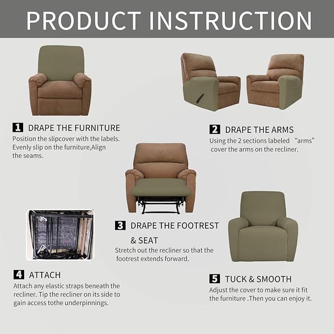 Easy-Going Recliner Stretch Sofa Slipcover Sofa Cover 4-Pieces Furniture Protector Couch Soft with Elastic Bottom Kids, Spandex Jacquard Fabric Small Checks(Recliner,Khaki)