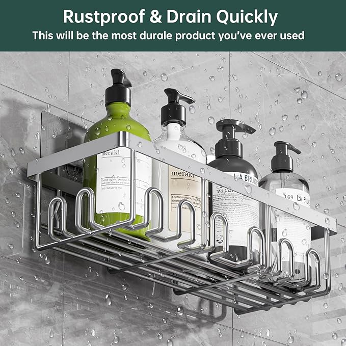 5-Pack Adhesive Shower Caddy, Rustproof Stainless Steel Organizer for Bathroom Storage with Large Capacity, No Drilling Bathroom Caddy with Soap Toothbrush Holder for Kitchen Home Silver