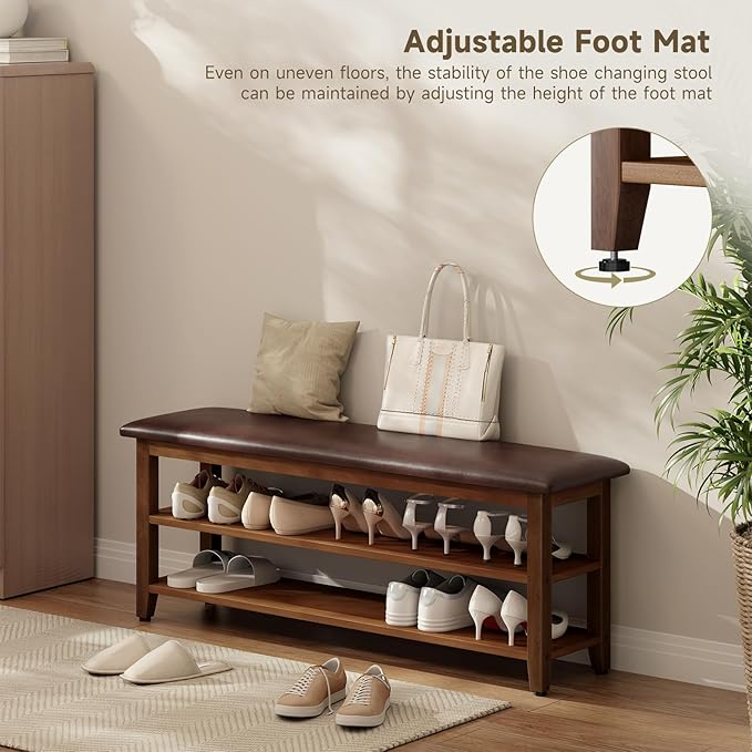 Shoe Bench with Leather Cushion,Wood Bench with Shoe Rack,2-Tier Shoe Storage Organizer for Entryway,Hallway,Living Room (2-Tier-47.3", Rubberwood)