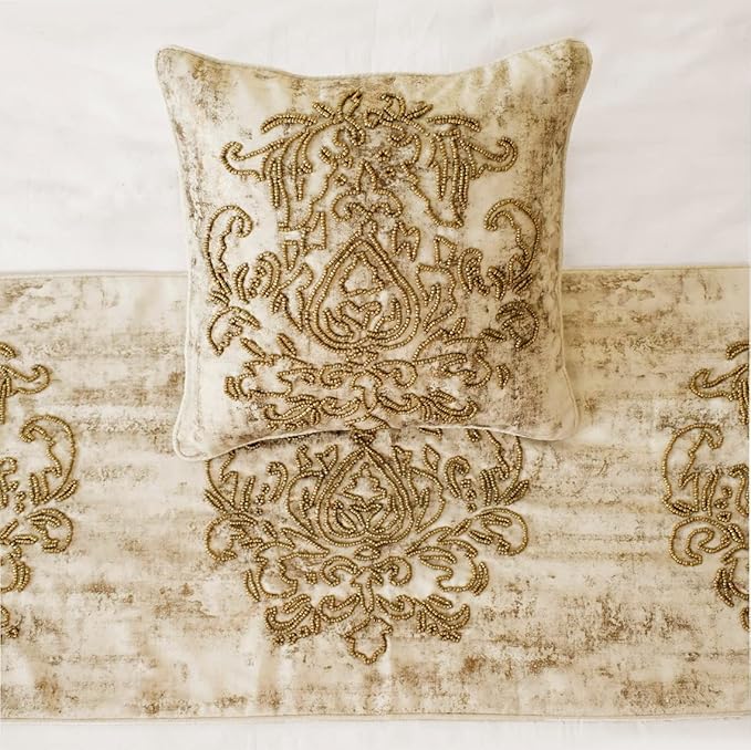 The HomeCentric King/Queen/Twin Ivory & Gold Designer Full 68"x18" Bed Runner with 2 Pillow Cover, Beaded & Foil Bed Scarf on Silk Fabric - Foil Damask Gold