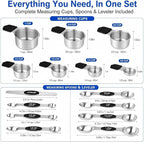 Magnetic Measuring Cups & Spoons Set, Strong N52 Magnets, Heavy Duty 304 Stainless Steel Fits in Spice Jars for Baking & Cooking, BPA Free, Round Set of 15 with Leveler,Dark Black
