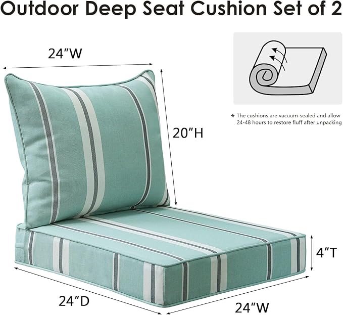Outdoor Patio Chair Cushions Set, 24" x 24", Set of 2, Water-Repellent, Fade Resistant, Deep Seat Bottom and Back Cushion for Backyard, Couch, Sofa and Patio Furniture, Aqua Stripe