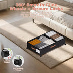Under Bed Storage with Wheels - Rolling Underbed Containers with PVC Clear Lid & Dividers, 600D Oxford Fabric, PU Leather Handles, Adjustable Magic Tape Partition, XXL 66L, Black