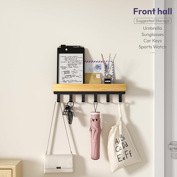 SWTYMIKI Key Holder Wall Mount-Wooden Key Hooks for Wall with Mail Organizer & 6Hooks, 2Installation Ways Key Hanger, Key Rack with Shelf for Entryway Living Room Bedroom Home Decor Wood+Black