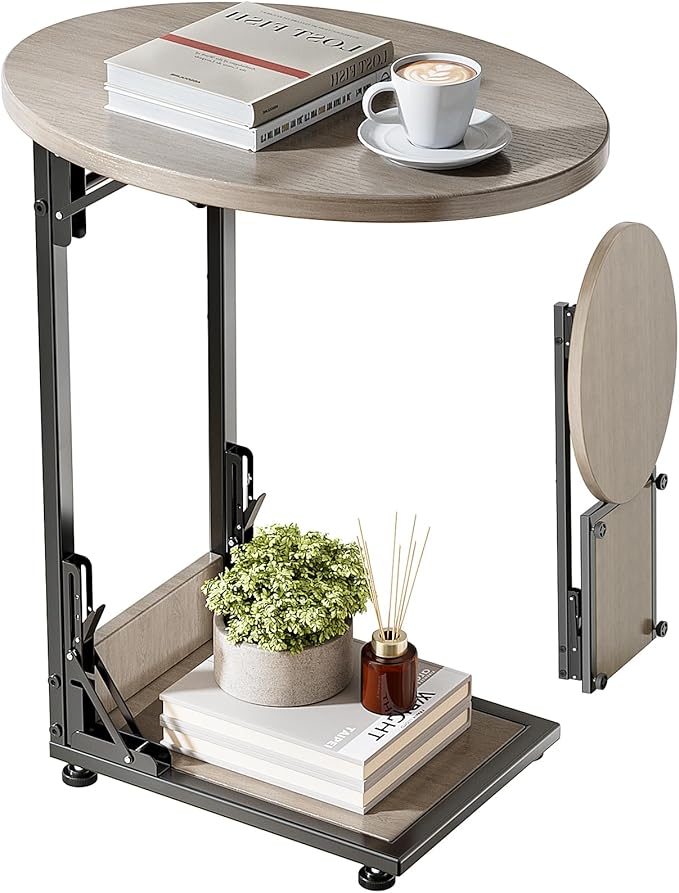 Elbourn Folding Side Table End Couch Tables,Metal Frame C-Shaped TV Stand for Sofa Living Bedroom Bedside Coffee Small Spaces (Gray)