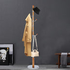 Coat Racks FreeStanding with 11 Hooks, Natural Wood Coat Rack with Solid Round Base, Adjustable Height Coat Racks, Easy Assembly for Hallway, Bedroom and Office (Solid Wood Metal Hook)