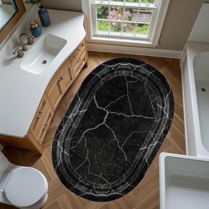 Black Grey Striped Texture Bordered Rugs 6x9 Modern Minimalist Indoor Large Area Rug for Living Room Bedroom Dining Room Soft Faux Wool Non Slip Floor Mats Entrance Bathroom Home Office Oval Carpet