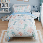 Kids Bedding Set for Girls Boys, Ultra Soft Microfiber Comforter Set Full Size with 4-Pieces, Seashell Ocean Comforters Bed Sets for Kid Children Teen Tween Bedroom Decor
