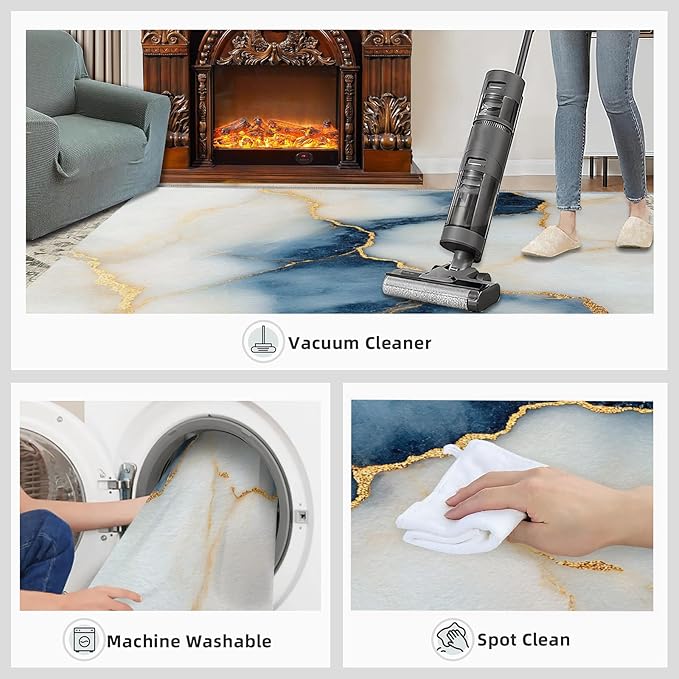 5x8 Abstract Marble Kids Rug - Blue-White-Marble Dining Room Rug, Luxury Stone Pattern Area Rugs Indoor Modern Rugs for Bedroom Hardwood Floors Teen Room
