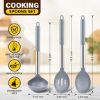 3Pcs Silicone Cooking Spoon Set, Kitchen Utensils Include Solid & Slotted Spoon, Soup Ladle, Food-Grade Heat Resistant 446°F, Non-Scratch Spoons for Serving, Stirring, Draining, Dishwasher Safe, Gray
