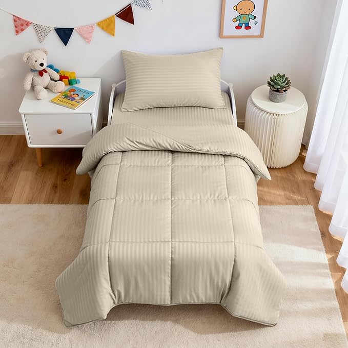 ZPECC Toddler Bedding Set - 4 Piece Hypoallergenic Baby Crib Bedding Set for Boys and Girls, Includes Toddler Comforter, Flat Sheet, Fitted Sheet and Pillowcase, Cream Stripe