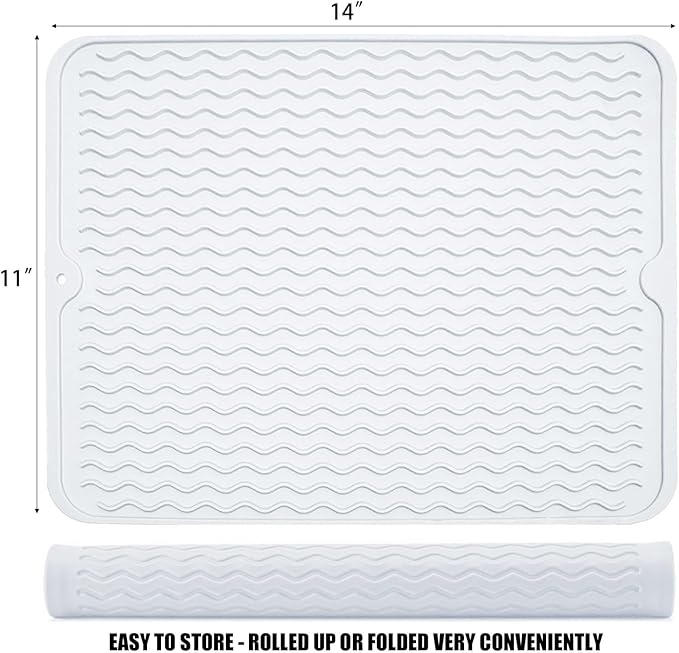 Large 14" x 11" Silicone Dish Drying Mat for Kitchen Counter, Easy clean, Quick Dry, Heat-resistant Dish Drainer Mat for Sink,Refrigerator or Drawer liner (Food Grade Silicone-Translucent)