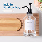 Glass Soap Dispenser with Pump, Dish and Hand Soap Dispenser for Kitchen Bathroom Set, Clear Glass Dispenser Set of 2 Pack with 18 Stickers Funnel Bamboo Tray 500ml 18oz / Each Bottle Sliver Pump