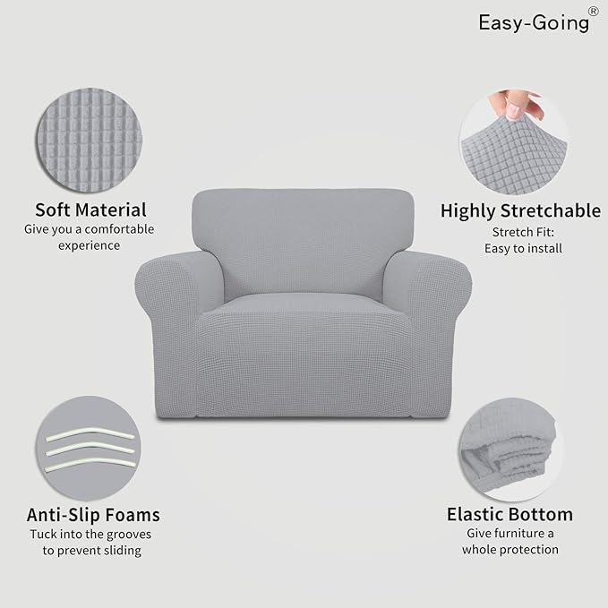 Easy-Going Stretch Oversized Chair Sofa Slipcover 1-Piece Couch Sofa Cover Furniture Protector Soft with Elastic Bottom for Kids Spandex Jacquard Fabric Small Checks Silver Gray