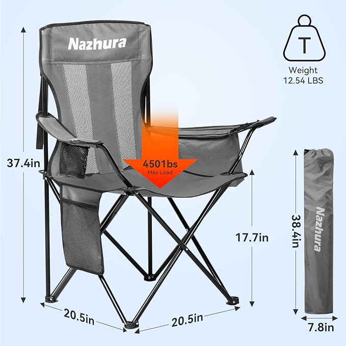 Nazhura 2 Pack Outdoor Camping Chairs Folding/Foldable/Portable with Cooler Pouch, Mesh Backrest and Cup Holder Pocket(Grey, 2 Pack)