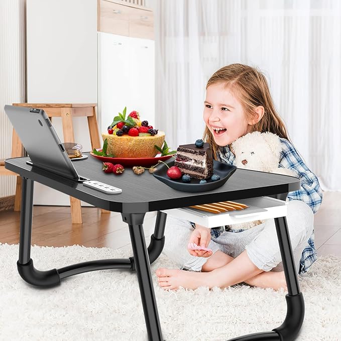 Zapuno Laptop Lap Desk, Foldable Laptop Table Tray with 4 USB Ports Storage Drawer and Cup Holder, Lap Bed Desk Notebook Stand Laptray Portable Standing Table for Bed Couch Floor