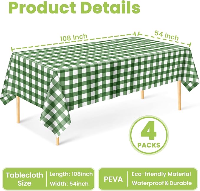 Mulbozy Sage Green Gingham Tablecloth 4 Pack, 54 x 108 Inch Plastic Table Cloth Disposable, Sage Green and White Checkered Table Cover for Party Supplies