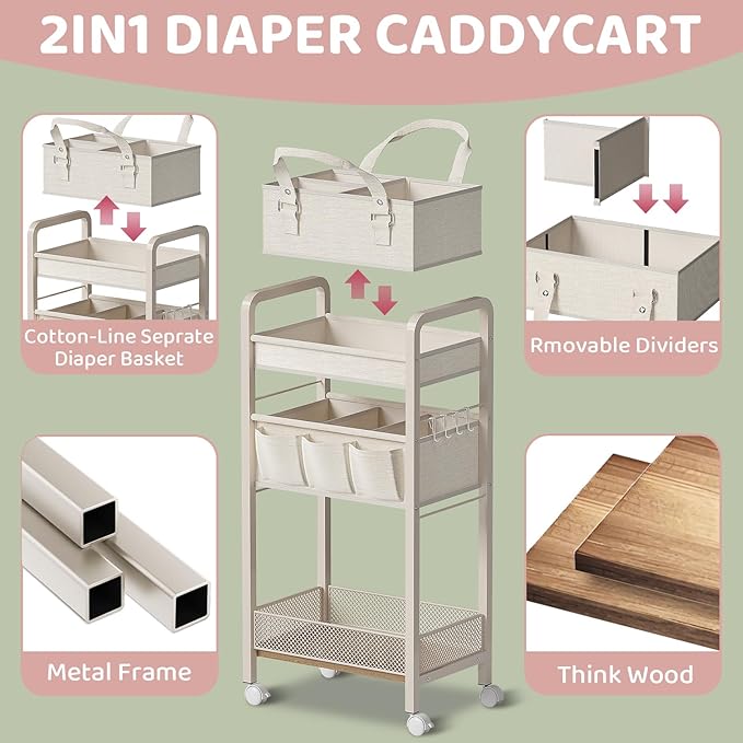Baby Diaper Caddy Organizer and Storage,2In1 Baby Cart Organizer-Baby Diaper Caddy+3 Tier Rolling Cart for Baby Nursery,Baby Bedside Cart,Easy Assembly,Beige
