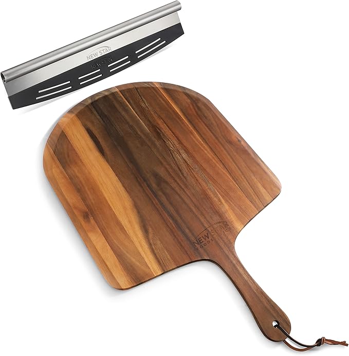 New Star Foodservice Stainless Steel Pizza Cutter (18") and Acacia Wood Pizza Peel (20") Combo Set