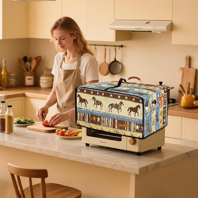 Horse Star Stipe Print Microwave Oven Dust Cover with Storage Bags Microwave Oven Grill Cover Protector Universal Reusable Decor Accessories for Kitchen, M