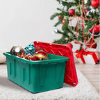 HOMZ 2-Pack Durabilt, Heavy Duty Plastic Storage Bins with Lids, 15 Gallon, Green/Red - Stackable Container Boxes for Holiday, Attic, and Garage Organization