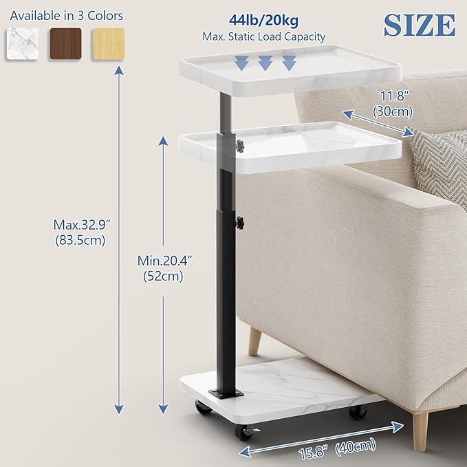 Adjustable Tv Trays for Eating on Couch That Slide Under,360° Swivel C Shaped End Sofa Side Snack Table with Wheels for Living Room and Bedroom, Bed,Chair, (White Marble+Black)