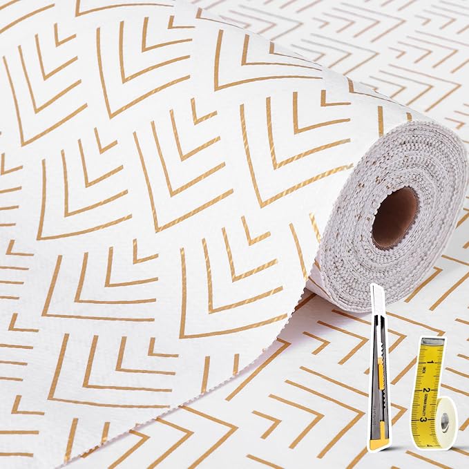 Shelf Liner for Kitchen Cabinets Non Adhesive Drawer Liner Non-Slip Thickened Shelf Liner Paper Strong Easy to Clean for Tool Box Refrigerator with Knife and Tape Measure, Gold Arrow, 11.8 x 118 in