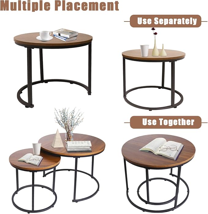 aboxoo Coffee Table Nesting Side Round Set of 2 End Table Top Sturdy Metal