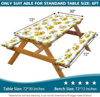 Sunflower Picnic Table Cover with Bench Covers, Summer Farmhouse Outdoor Table Covers with Elastic Camping Tablecloth for Party Essentials, Vintage Floral Rectangular Picnic Tablecloth Cover