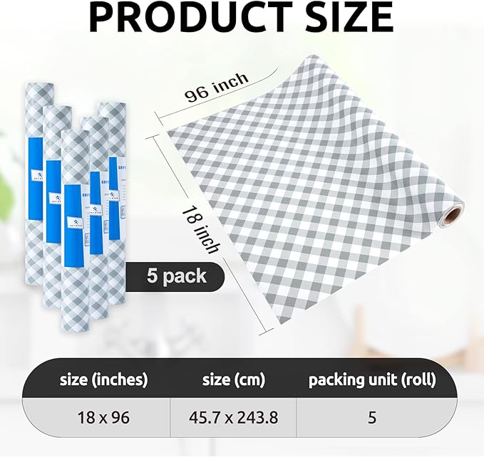 RAY STAR 18X96 Inch Shelf Liner for Kitchen Cabinets, Non-Adhesive Cabinet Liner Washable, PVC Drawer Liner for Dresser Non-Slip Bathroom (Plaid)(5 Roll)