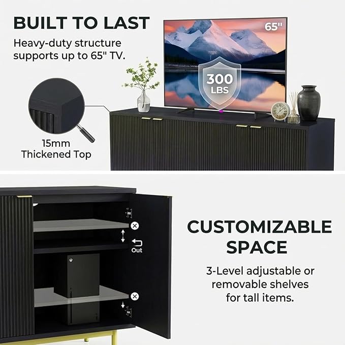 Vipbear 58 Inch Black TV Stand for 65 Inch TV, Modern Fluted Media Console Table with 4 Doors, Large Entertainment Center with Storage, Black Sideboard Buffet Cabinet for Dining Room and Living Room