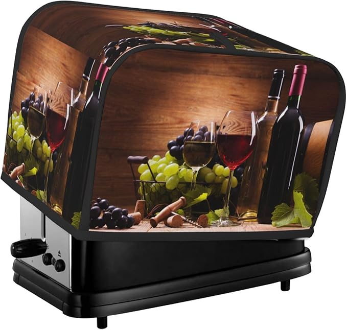 Red Wine Glasses Grape Wooden 2 Slice Toaster Cover, Waterproof Toaster Dust Cover Bread Maker Protective For Small Kitchen Appliance Dining Room Home Table Decor Gifts